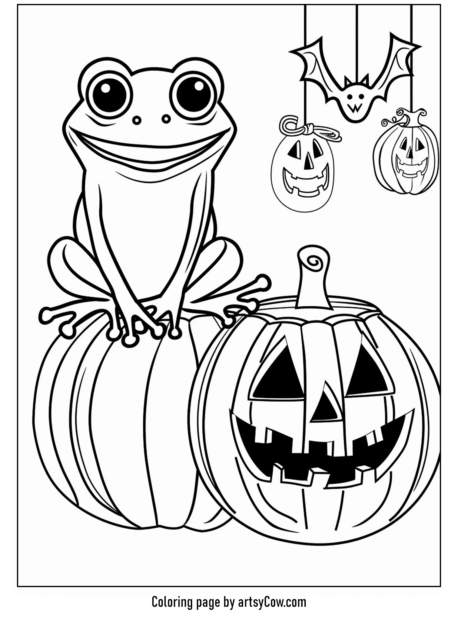 a cheerful frog seated atop a carved pumpkin